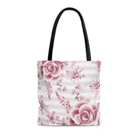 Tote Bag-Soft Pink Floral Mauve-Horizontal Stripes-White