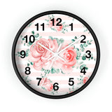 Wall Clock-Lush Pink Floral-Pink Horizontal Stripes-White