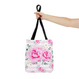 Tote Bag-Magenta Pink Floral-Pink Horizontal Stripes-White