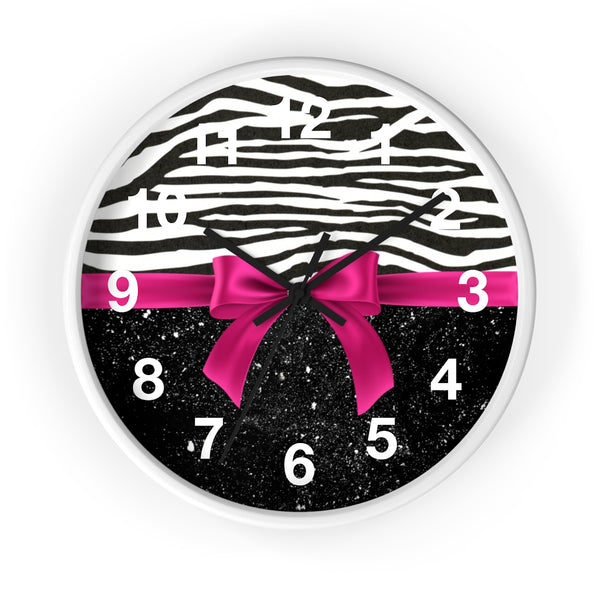 Wall Clock-Glam Passion Pink Bow-Zebra-Black Glitter