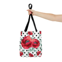 Tote Bag-Rouge Red Floral-Black Polka Dots-White