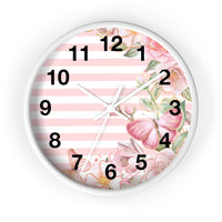 Wall Clock-Pink Floral Butterflies-Pink Horizontal Stripes