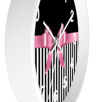 Wall Clock-Glam Pink Bow-Black White Pinstripes-Black