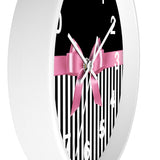 Wall Clock-Glam Pink Bow-Black White Pinstripes-Black