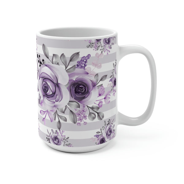 Coffee Mug 15oz-Soft Purple Floral-Soft Purple Horizontal Stripes-White