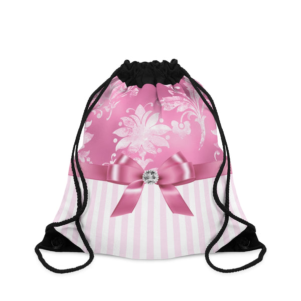 Drawstring Bag-Glam Pink Bow-Pink White Stencil-Pink White Pinstripes