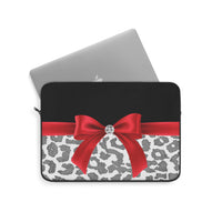 Laptop Sleeve-Glam Red Bow-Grey Leopard-Black