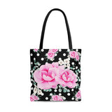 Tote Bag-Magenta Pink Floral-White Polka Dots-Black