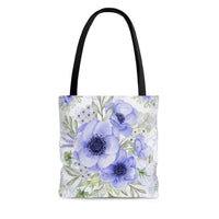 Tote Bag-Soft Blue Floral-Blue Stencil-White