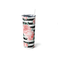 Skinny Tumbler, 20oz-Lush Pink Floral-Black Horizontal Stripes-White