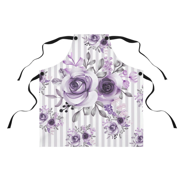 Apron-Soft Purple Floral-Purple Pinstripes-White