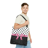 Tote Bag-Glam Pink Bow-Black Polka Dots-Black Glitter