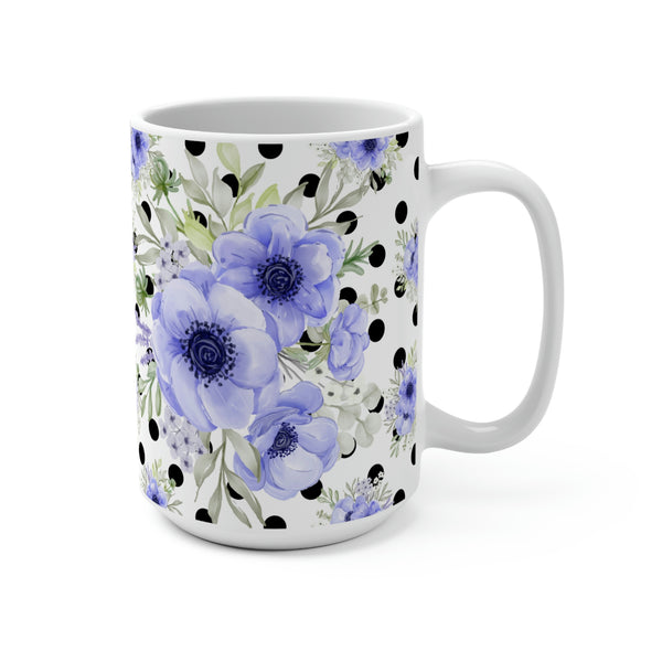 Coffee Mug 15oz-Soft Blue Floral-Black Polka Dots-White