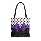 Tote Bag-Glam Purple Bow-Black Polka Dots-Black Glitter