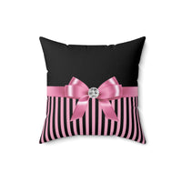 Square Pillow-Glam Pink Bow-Pink Black Pinstripes-Black