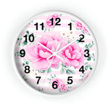 Wall Clock-Magenta Pink Floral-Pink Horizontal Stripes-White