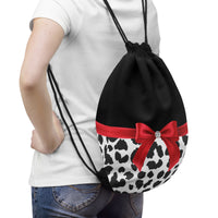 Drawstring Bag-Glam Red Bow-Snow Leopard-Black