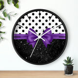 Wall Clock-Glam Purple Bow-Black Polka Dots-Black Glitter