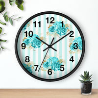 Wall clock-Aqua Blue-Floral Pinstripes