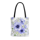 Tote Bag-Soft Blue Floral-Blue Stencil-White