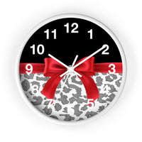 Wall Clock-Glam Red Bow-Grey Leopard-Black