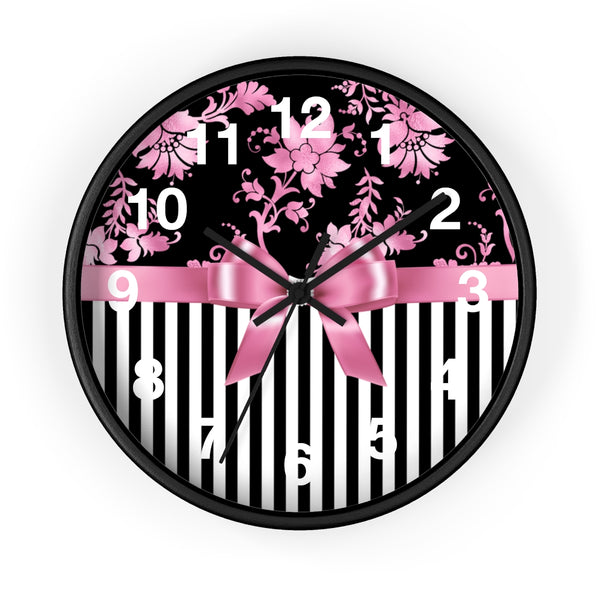 Wall clock-Glam Pink Bow-Pink Stencil-Black White Pinstripes