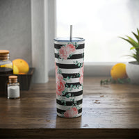 Skinny Tumbler, 20oz-Lush Pink Floral-Black Horizontal Stripes-White