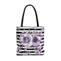 Tote Bag-Soft Purple Floral-Black Horizontal Stripes-White