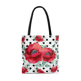 Tote Bag-Rouge Red Floral-Black Polka Dots-White