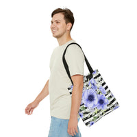 Tote Bag-Soft Blue Floral-Black Horizontal Stripes-White