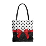 Tote Bag-Glam Red Bow-Black Polka Dots-Black Glitter