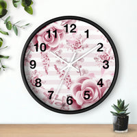 Wall Clock-Soft Pink Floral Mauve-Horizontal Stripes-White