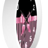 Wall Clock-Glam Pink Bow-Pink Black Pinstripes-Black