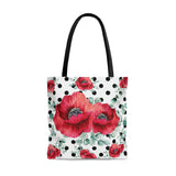 Tote Bag-Rouge Red Floral-Black Polka Dots-White