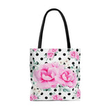 Tote Bag-Magenta Pink Floral-Black Polka Dots-White