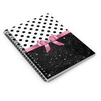 Small Spiral Notebook, 6x8in-Glam Pink Bow-Black Polka Dots-Black Glitter