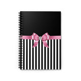 Small Spiral Notebook, 6x8in-Glam Pink Bow-Black White Pinstripes-Black