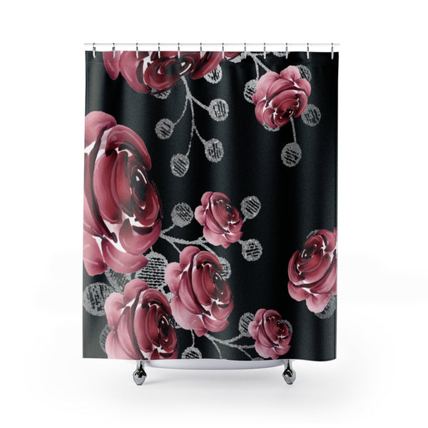 Shower Curtains-Moody Red-Floral Bouquet-Black