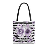 Tote Bag-Soft Purple Floral-Black Horizontal Stripes-White