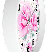 Wall Clock-Magenta Pink Floral-Pink Horizontal Stripes-White