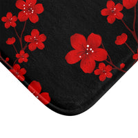 Bath Mat-Red Floral Blossoms-Black