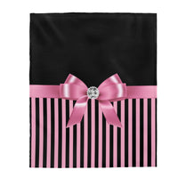 Velveteen Plush Blanket-Glam Pink Bow-Pink Black Pinstripes-Black