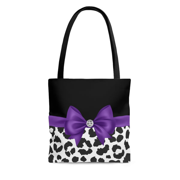 Tote Bag-Glam Purple Bow-Snow Leopard-Black