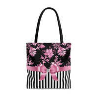 Tote Bag-Glam Pink Bow-Pink Stencil-Black White Pinstripes