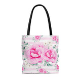 Tote Bag-Magenta Pink Floral-Pink Horizontal Stripes-White