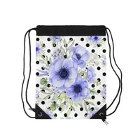 Drawstring Bag-Soft Blue Floral-Black Polka Dots-White