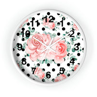 Wall Clock-Lush Pink Floral-Black Polka Dots-White