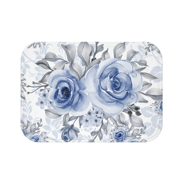 Bath Mat-Stormy Blue-Floral Stencil-White