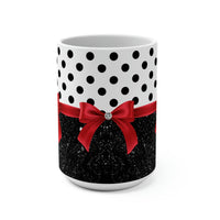 Coffee Mug 15oz-Glam Red Bow-Black Polka Dots-Black Glitter