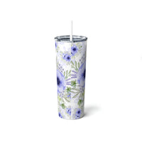 Skinny Tumbler, 20oz-Soft Blue Floral-Blue Stencil-White